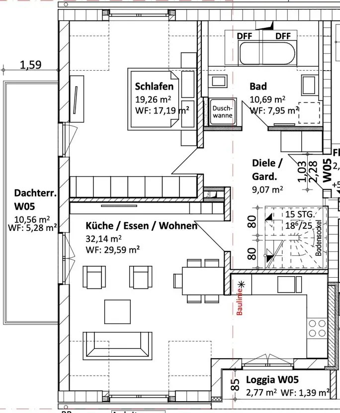 Grundriss der Wohnebene mit Balkon und Loggia