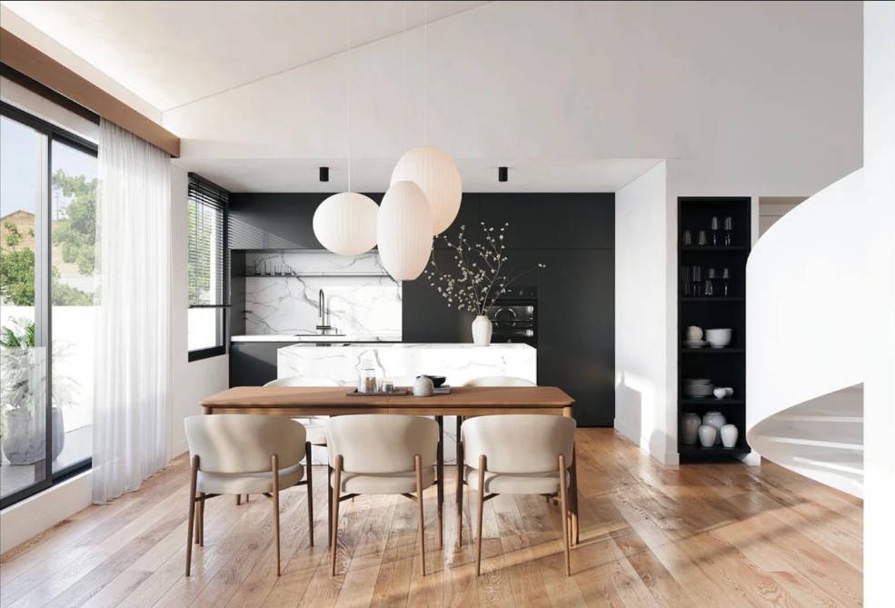 Moderne Küche mit Essbereich und geschwungener Treppe