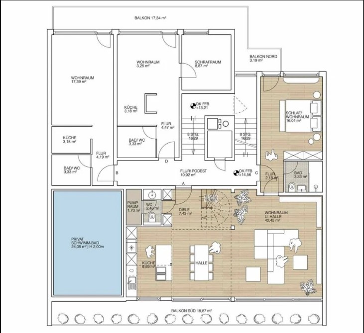 Grundriss der Wohnebene des Maisonette-Penthouses