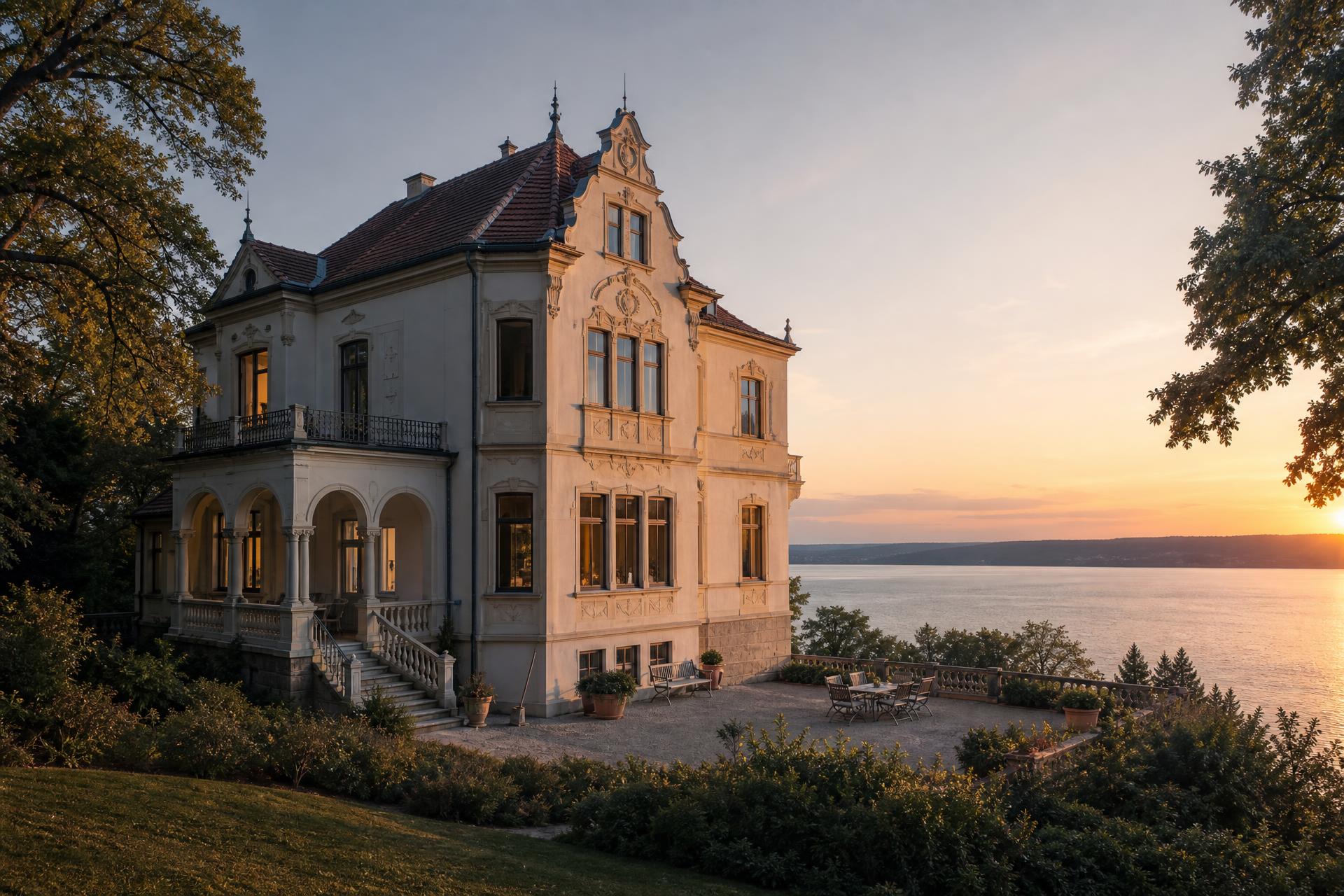 Historische Sommerresidenz mit Blick auf den Ammersee am Sommerabend