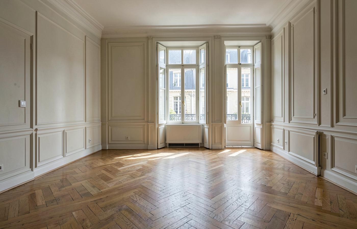 Heller, leerer Altbau-Wohnraum mit Fischgrätparkett und hohen Fenstern